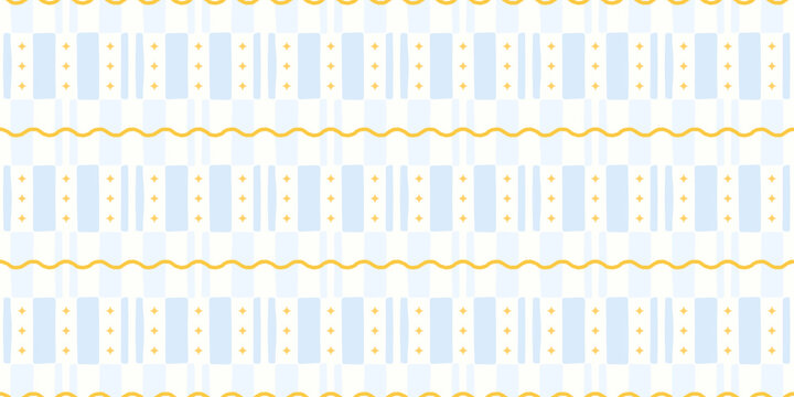 Pastel blue and yellow irregular seamless pattern. Cute checkered geometric background with hand drawn wavy lines and sparkle stars. Trendy repeat print for textile and fabric. Vector illustration