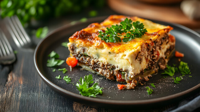 A slice of baked moussaka served on a dark ceramic plate with fresh parsley garnish on a rustic wooden table