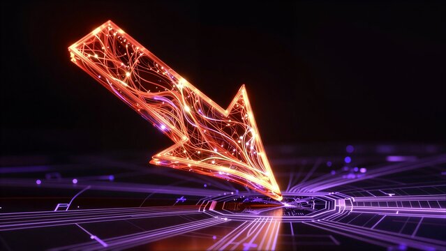 Glowing orange arrow descends on futuristic circuit board, neon lights illuminate the tech landscape.