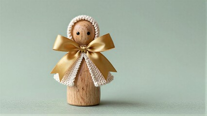 Fototapeta premium Wooden doll with knitted bonnet and golden bow, serene against soft green backdrop.