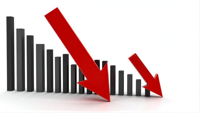 Red arrow points down over declining grey bars, symbolizing market downturn.