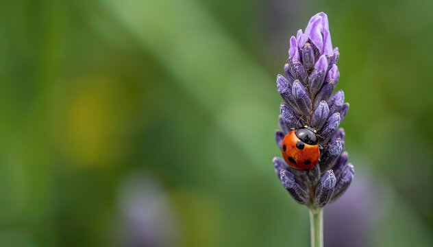 macro shot of a red ladybug on a purple lavender bud in a green garden blurred background