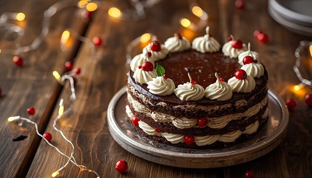 delicious chocolate layer cake with white whipped cream and red berries on a wooden table with festive lights