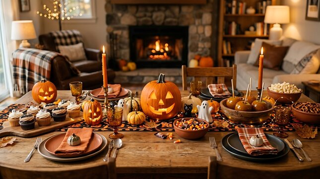 A beautifully decorated dining table prepared for a festive Halloween or autumn dinner party, featuring carved pumpkins and warm candlelight in a cozy home setting.