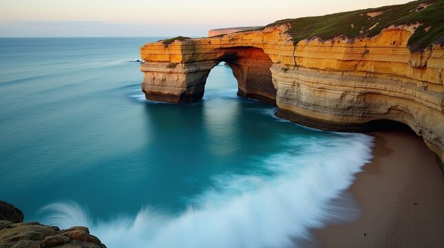 london arch limestone bridge at port campbell national park on the great ocean road victoria australia at sunset with blurred ocean waves