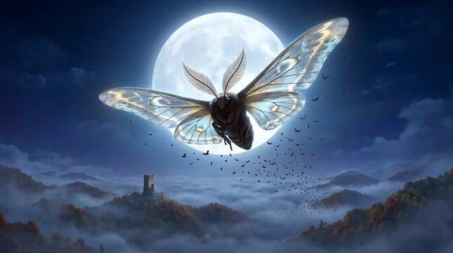 Moth flying in front of a bright full moon over a misty forest landscape at night