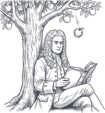 isaac newton sitting under an apple tree discovering gravity law in black fill hand drawn style with no white fills