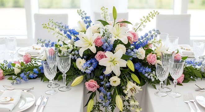 Elegant floral centerpiece with white lilies and pink roses on a formal dining table with delphiniums sits centerpiece