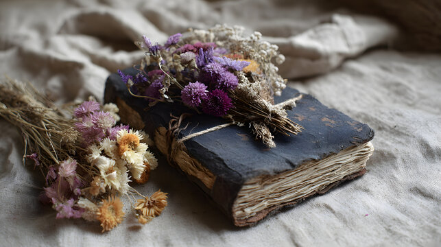 Dried purple and yellow flowers resting on an old worn leather book on a wrinkled beige fabric surface with rustic arrangement small