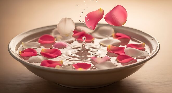 Pink and white rose petals floating in a ceramic bowl with water ripples with central droplet with surface water shallow