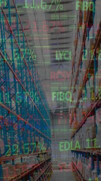 Animation of stock market and financial data processing over empty warehouse