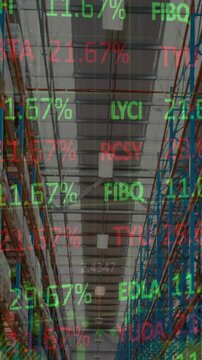 Animation of stock market and financial data processing over empty warehouse