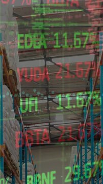 Animation of stock market and financial data processing over empty warehouse