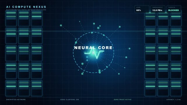 Animated neural core with glowing AI interface on a dark background. Futuristic artificial intelligence visualization with data panels. Machine learning technology concept. 4K motion graphics.