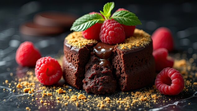 chocolate lava cake with oozing center and fresh raspberries on dark background