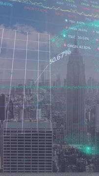 Animation of financial data processing over cityscape