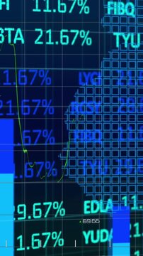 Animation of statistical and stock market data processing over world map against blue background