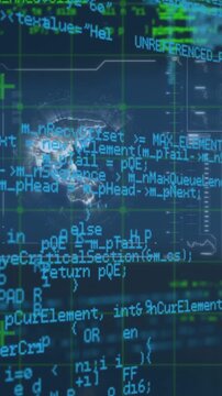 Animation of data processing over servers and globe on black background