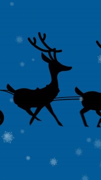 Animation of snowflakes falling over silhouette of santa claus in sleigh being pulled by reindeers