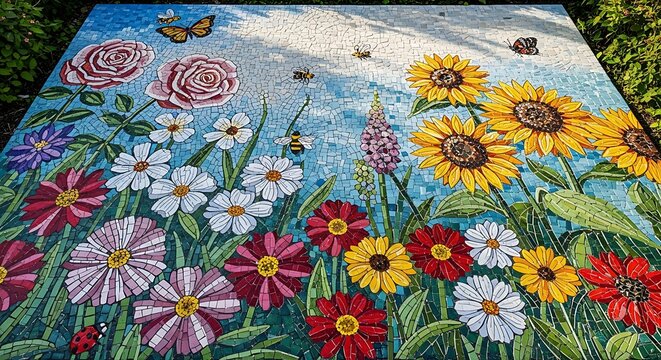 A colorful mosaic depicting a vibrant garden filled with blooming wildflowers with detailed mosaic artwork portrays lush garden sunflowers