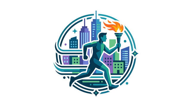 A male athlete running with a burning torch in a stylized city.
