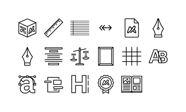 Typography Design Tool Icons, line icon set featuring letter block symbol, ruler, baseline grid, kerning arrows, font file, pen nib, text alignment icon, type scale, poster frame, layout grid,
