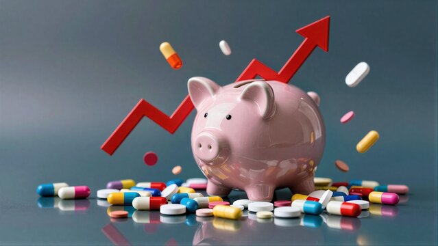Piggy bank bursts with pills and a rising arrow, symbolizing escalating medical costs.