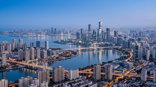 Futuristic Waterfront Megacity Skyline Glowing at Blue Hour