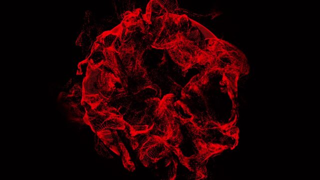 Circular Particle Vortex Graphic.A circular outline on black background, filled with wavy lines and particle noise, fragmented textures radiate from center.