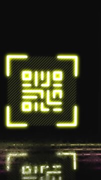 Animation of glowing qr code over neon lines