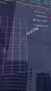 Animation of statistical and stock market data processing against view of tall buildings