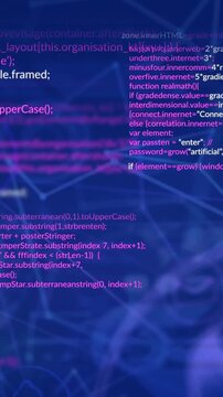 Animation of network of digital icons and data processing against blue background