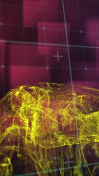 Animation of yellow digital wave over purple square shapes floating against black background