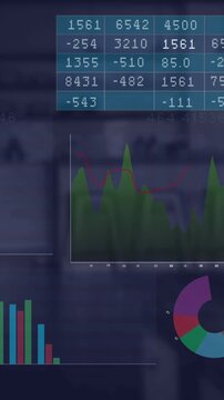 Animation of multiple charts and graphs over defocused cafes interior