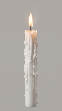 Burning White Taper Candle with Smooth Melted Wax Drips Isolated on Studio Light Grey Background