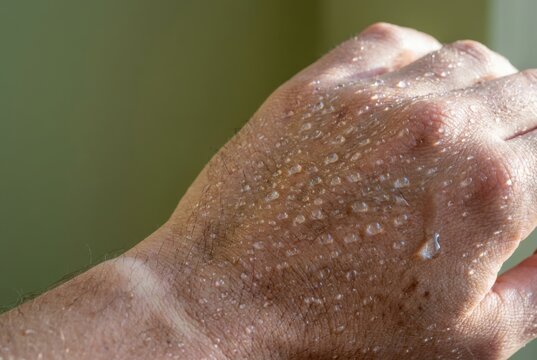 Damp Hand Covered in Water Droplets on Soft Green Background
