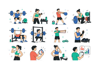 Fototapeta premium Strength Training Visual Series. Resistance exercise, barbells, dumbbells, kettlebells, weight plates, benches, squat racks, bands, gloves, hydration, timing, recovery, footwear, and progress. 12