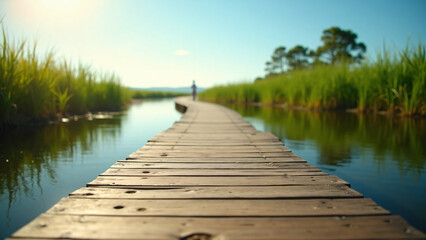 Obraz premium Wooden Boardwalk Through Wetland with Copy Space