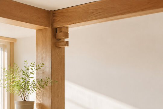 Light oak column with wooden joint and green plant, interior architecture concept