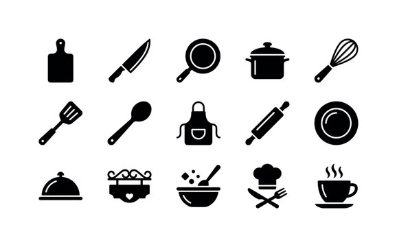 Cutting Board Cooking Set, solid glyph icon set featuring cutting board, chef knife, pan, pot, whisk, spatula, spoon, apron, rolling pin, plate, covering lets cook, kitchen decor, food preparation,