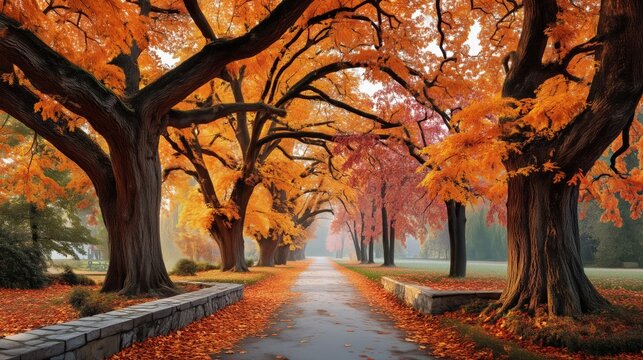 magnificent park of brilliant golden, amber and crimson leaves creating a glowing canopy overhead