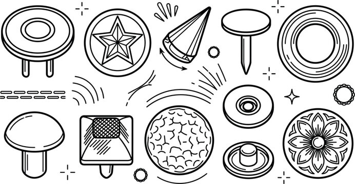 Metal Rivet Stud and Snap Fastener Hardware Set Featuring Spike Eyelet Jean Button and Grommet Line Art Vectors