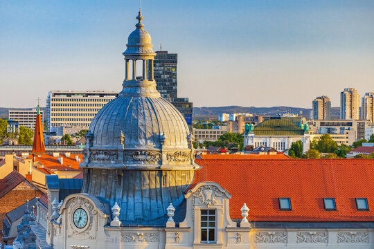Panoramic view of Zagreb city center with towers, domes and historic red roofs, Croatia