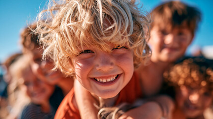 Obraz premium Close-up portrait of a joyful smiling child with messy blonde curly hair outdoors