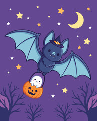 Naklejka premium Cute Halloween bat carrying ghost in pumpkin candy bucket under crescent moon and stars