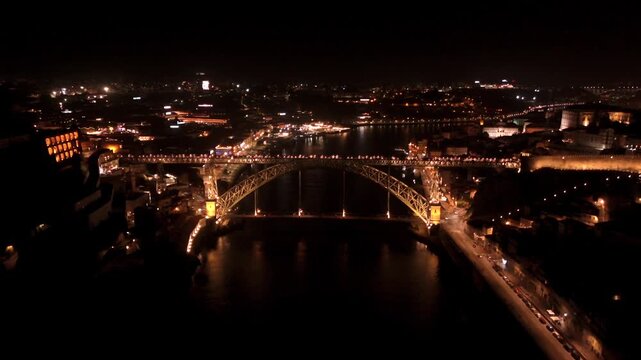 Dom Luis I Bridge Centered Between Porto and Gaia at Night