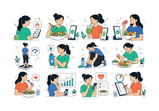 Summer Calorie Tracking. Meal logging, calorie counters, salads, smoothies, fruit, weighing, hydration, running, charts, meal plans, timing, and wellness. 12 minimalist editorial vector scenes: person