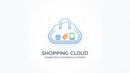 Fototapeta premium Cloud shape shopping bag containing gift box and phone for digital store with mobile phone e commerce cloud online shop cloud icon digital market retail cloud computing shopping app