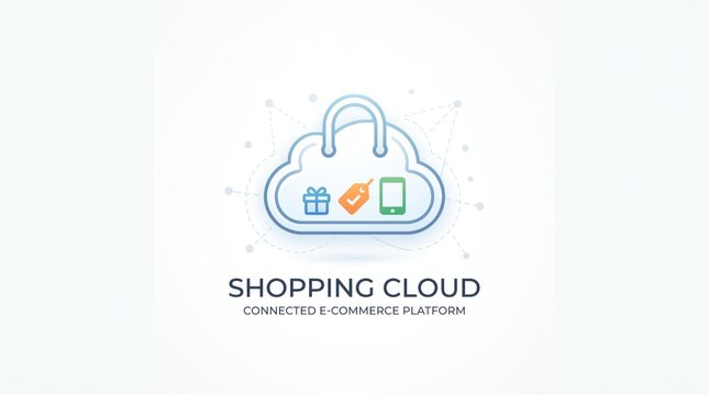 Cloud shape shopping bag containing gift box and phone for digital store with mobile phone e commerce cloud online shop cloud icon digital market retail cloud computing shopping app