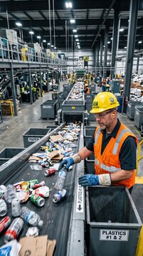 A worker in a safety vest and hard hat sorts plastic bottles from a conveyor belt at a recycling facility.